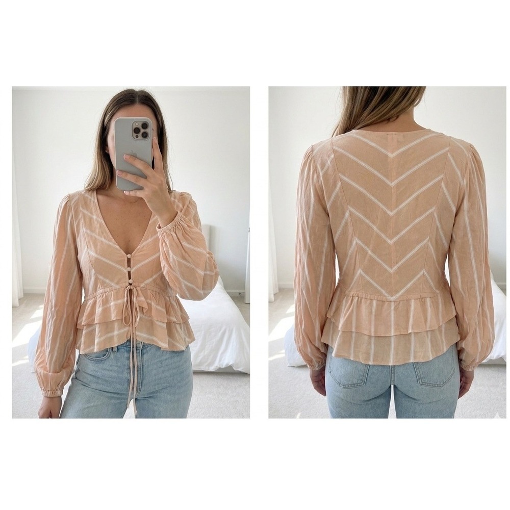 Free People Samifran Top Small Peach Striped Ruffle V-Neck Boho Blouse Rayon